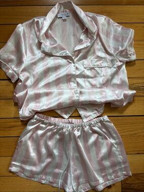 Women's Satin Stripe Short Sleep Set - Pink & White